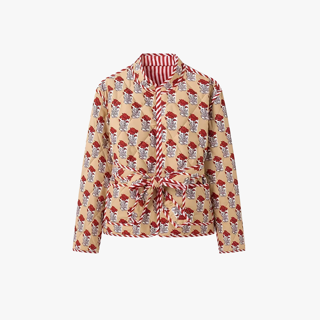 Gesteppte Jacke mit Blumenmuster und Bindegürtel