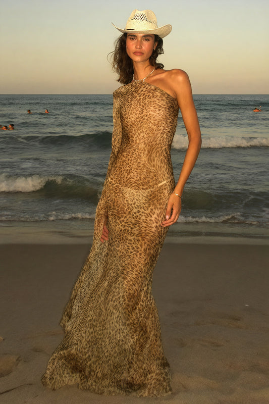 Fließendes One-Shoulder Kleid mit Animal Print