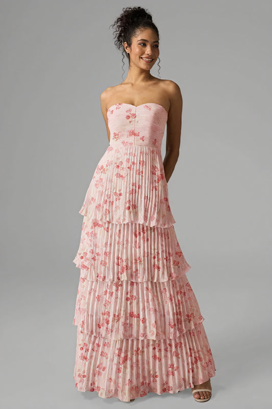 Geblümtes, bodenlanges Kleid mit Stufenrock