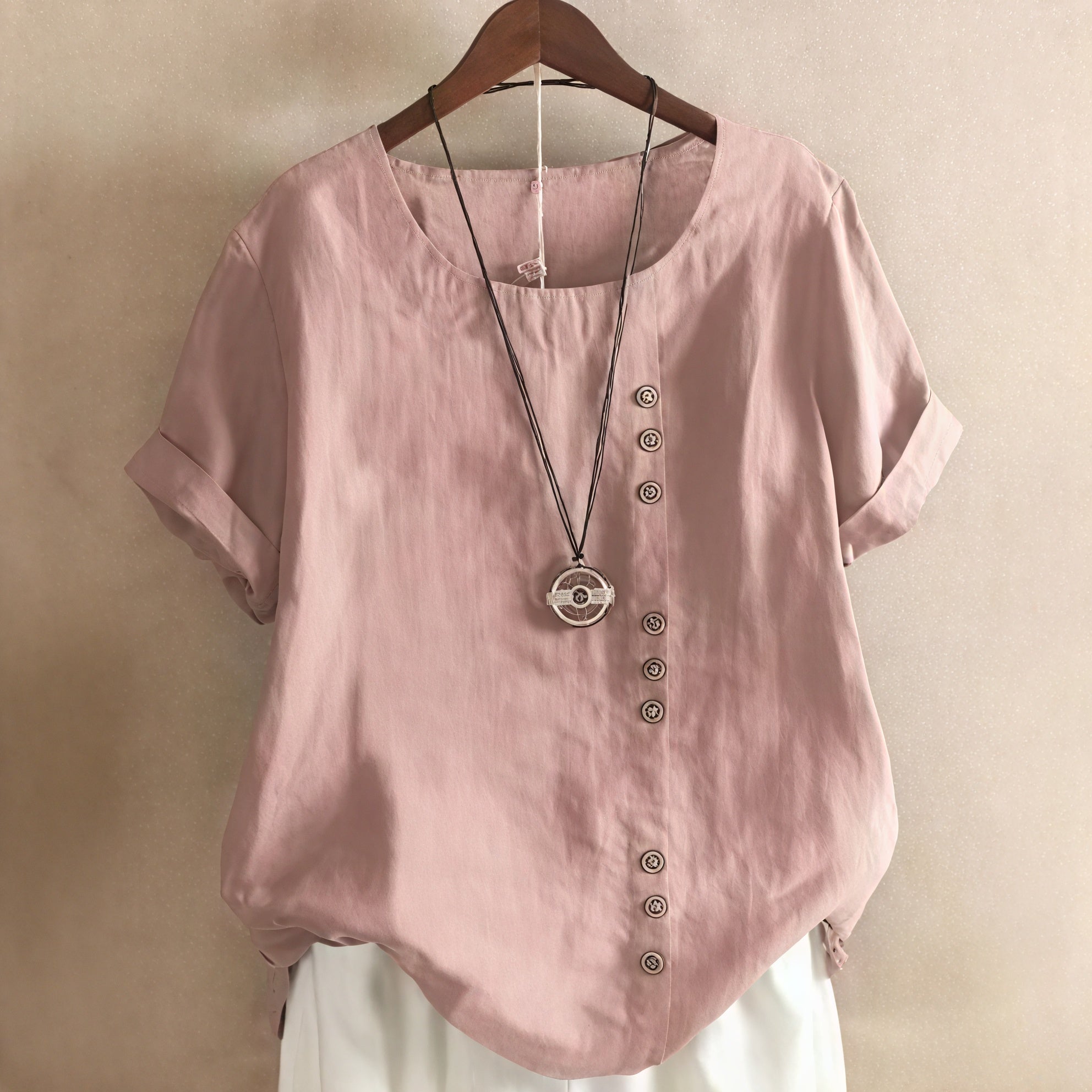 Kleidhaus Damen Kurzarm-Kleid mit Asymmetrischer Knopfleiste und Rundhalsausschnitt-81165-73c07eb9-5438-45c0-bfce-40d5998271dc