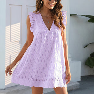 Damen Kleid Perforiertes V-Ausschnitt Ärmelloses Sommerkleid mit Wellensaum – Atmungsaktiv & Lässig-Chic-81587-cece441b-93ed-467f-a8e5-5858bbbeb839