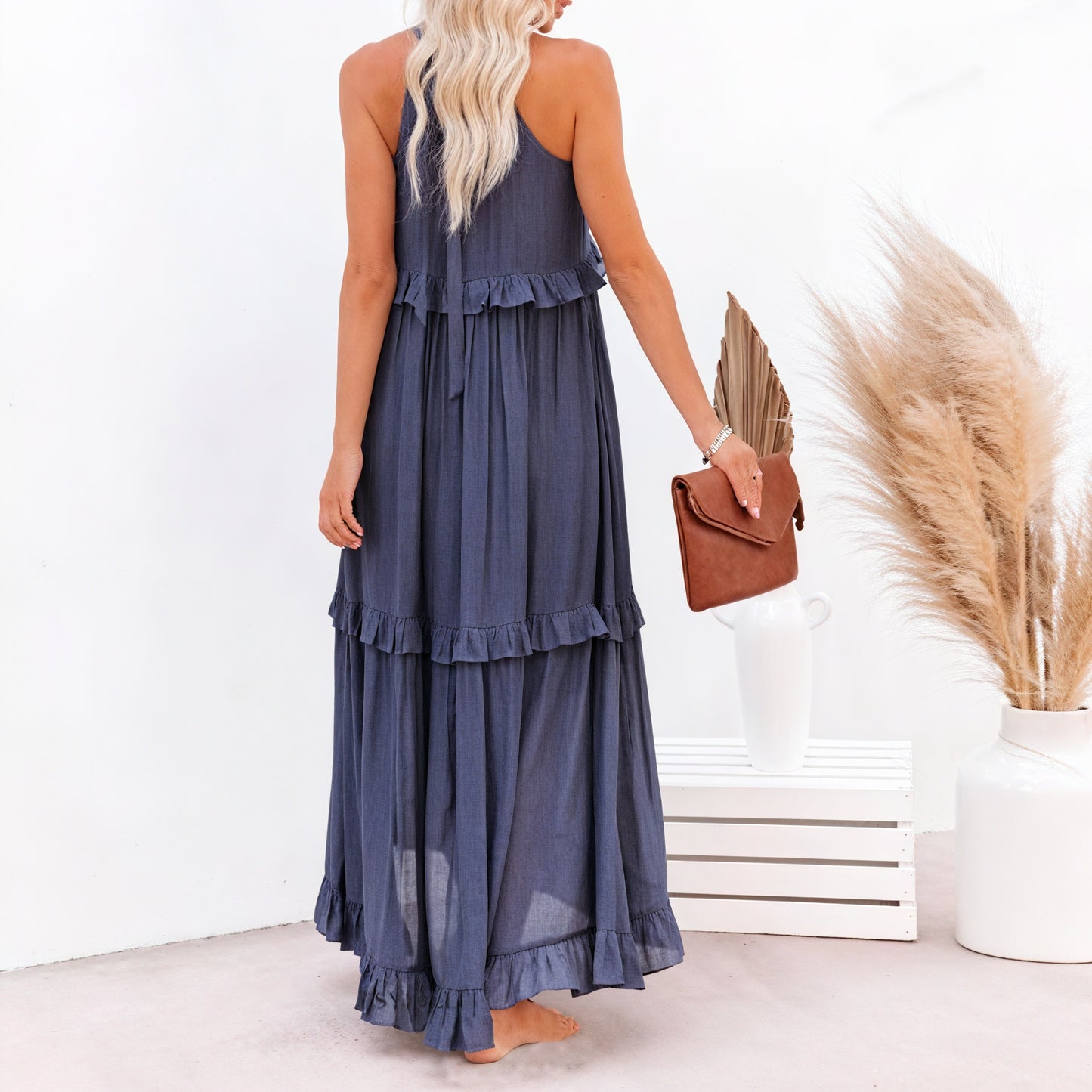 Maxikleid Damen Halter-Ausschnitt Fließendes Design Rüschen-Details Leicht Sommer Urlaub Elegant-81649-14d994df-7658-4b0a-8d23-53330ddbae5e