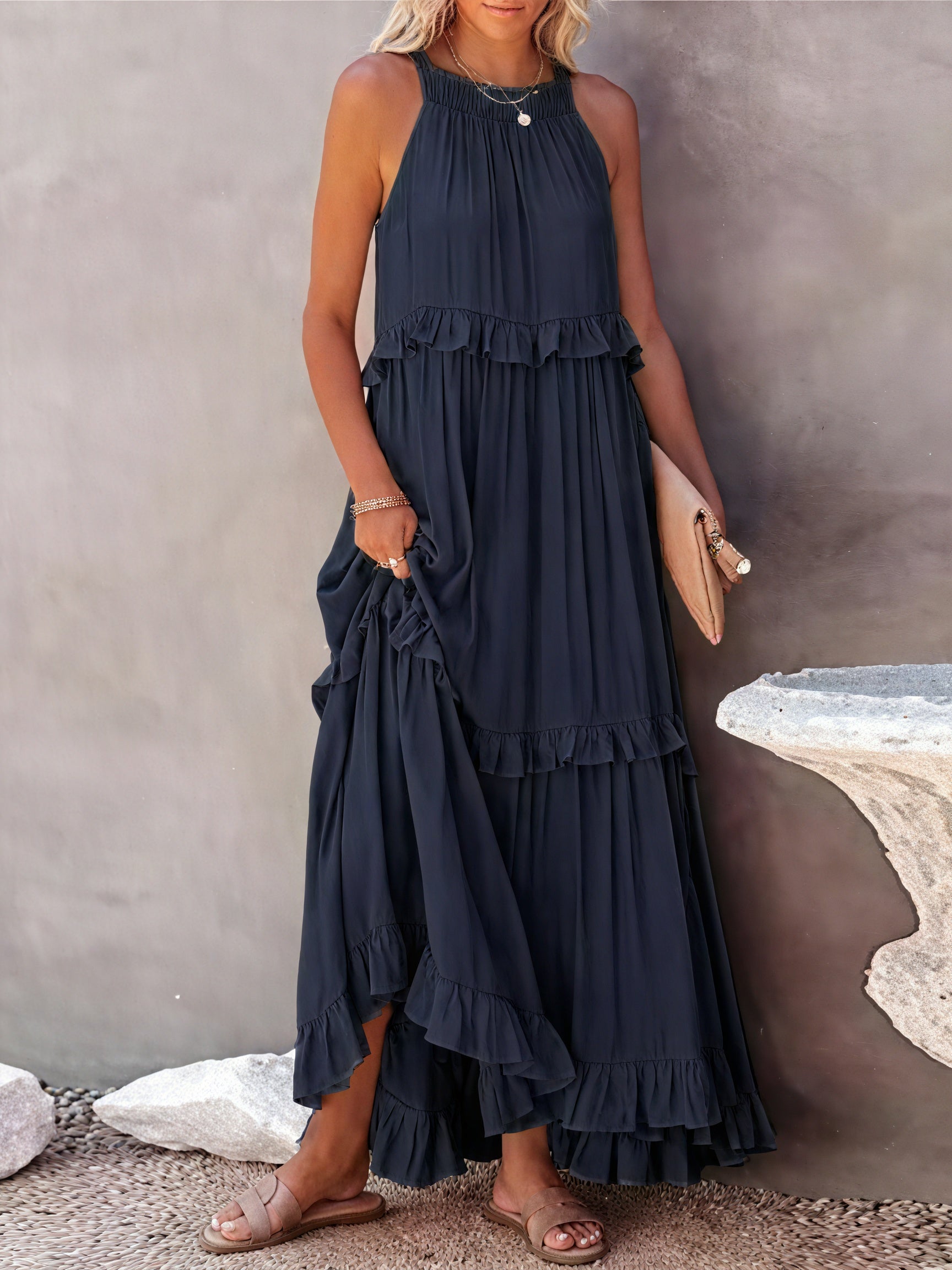 Maxikleid Damen Halter-Ausschnitt Fließendes Design Rüschen-Details Leicht Sommer Urlaub Elegant-81649-50b6d16e-b470-4e22-b137-0c7cd2009739