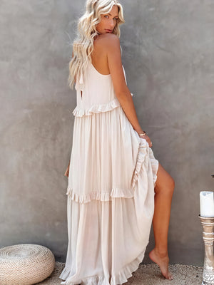Maxikleid Damen Halter-Ausschnitt Fließendes Design Rüschen-Details Leicht Sommer Urlaub Elegant-81649-7c2082db-b5b9-4f9c-8e84-e0d567c62d43