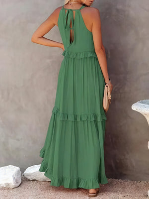 Maxikleid Damen Halter-Ausschnitt Fließendes Design Rüschen-Details Leicht Sommer Urlaub Elegant-81649-36579b3a-24f6-49ff-be44-95d5a62b1228