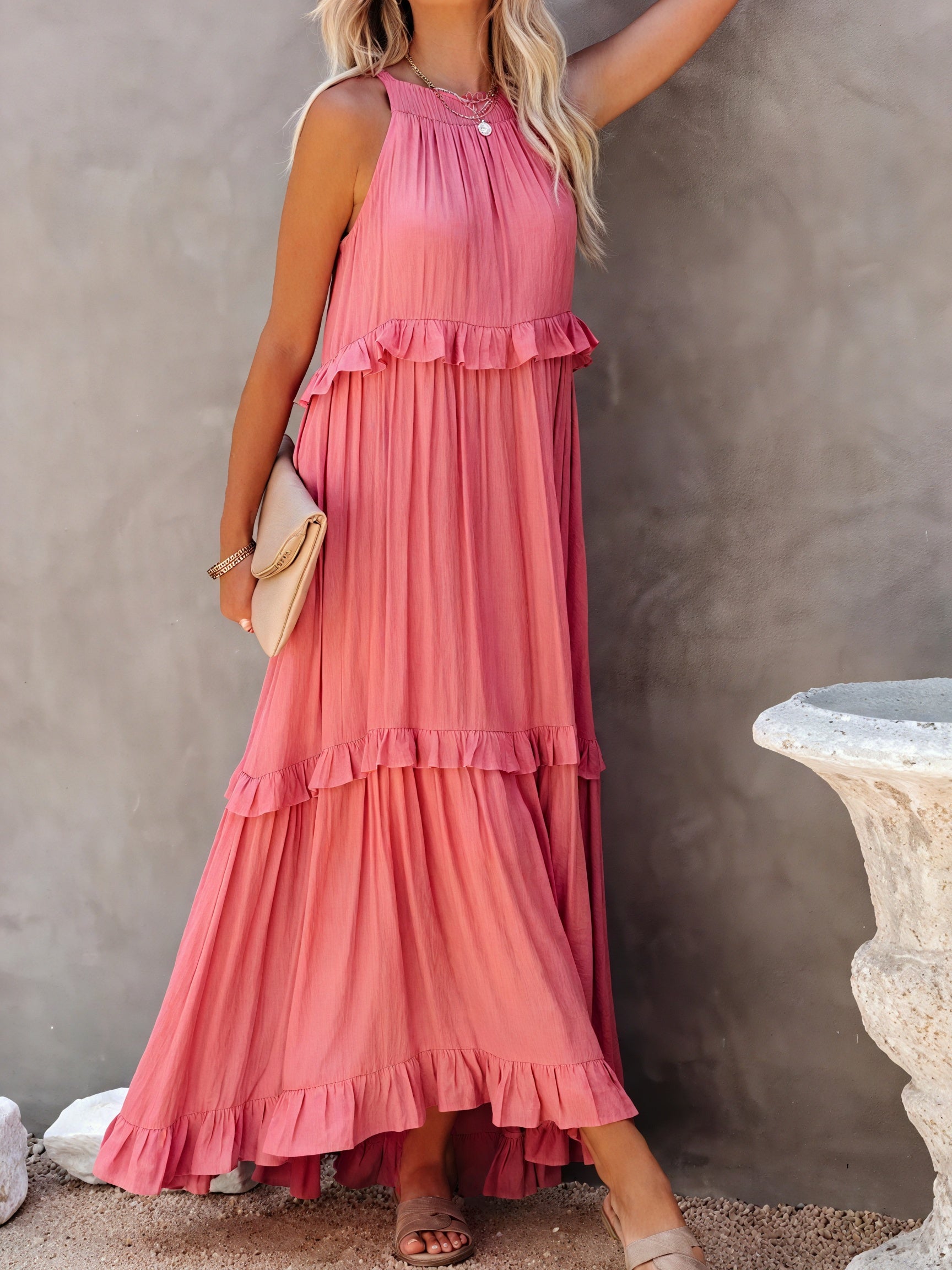 Maxikleid Damen Halter-Ausschnitt Fließendes Design Rüschen-Details Leicht Sommer Urlaub Elegant-81649-9ecb1298-d810-4ef7-b42f-faffde761c81