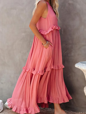 Maxikleid Damen Halter-Ausschnitt Fließendes Design Rüschen-Details Leicht Sommer Urlaub Elegant-81649-7cf9329f-c32d-4996-b580-d34bebd31432