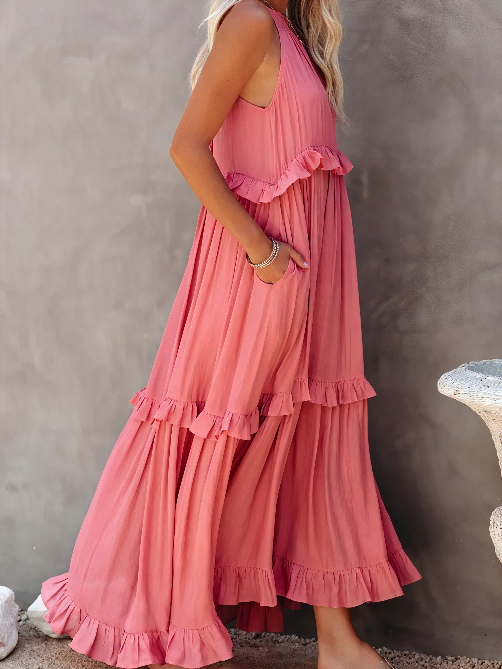 Maxikleid Damen Halter-Ausschnitt Fließendes Design Rüschen-Details Leicht Sommer Urlaub Elegant-81649-7cf9329f-c32d-4996-b580-d34bebd31432
