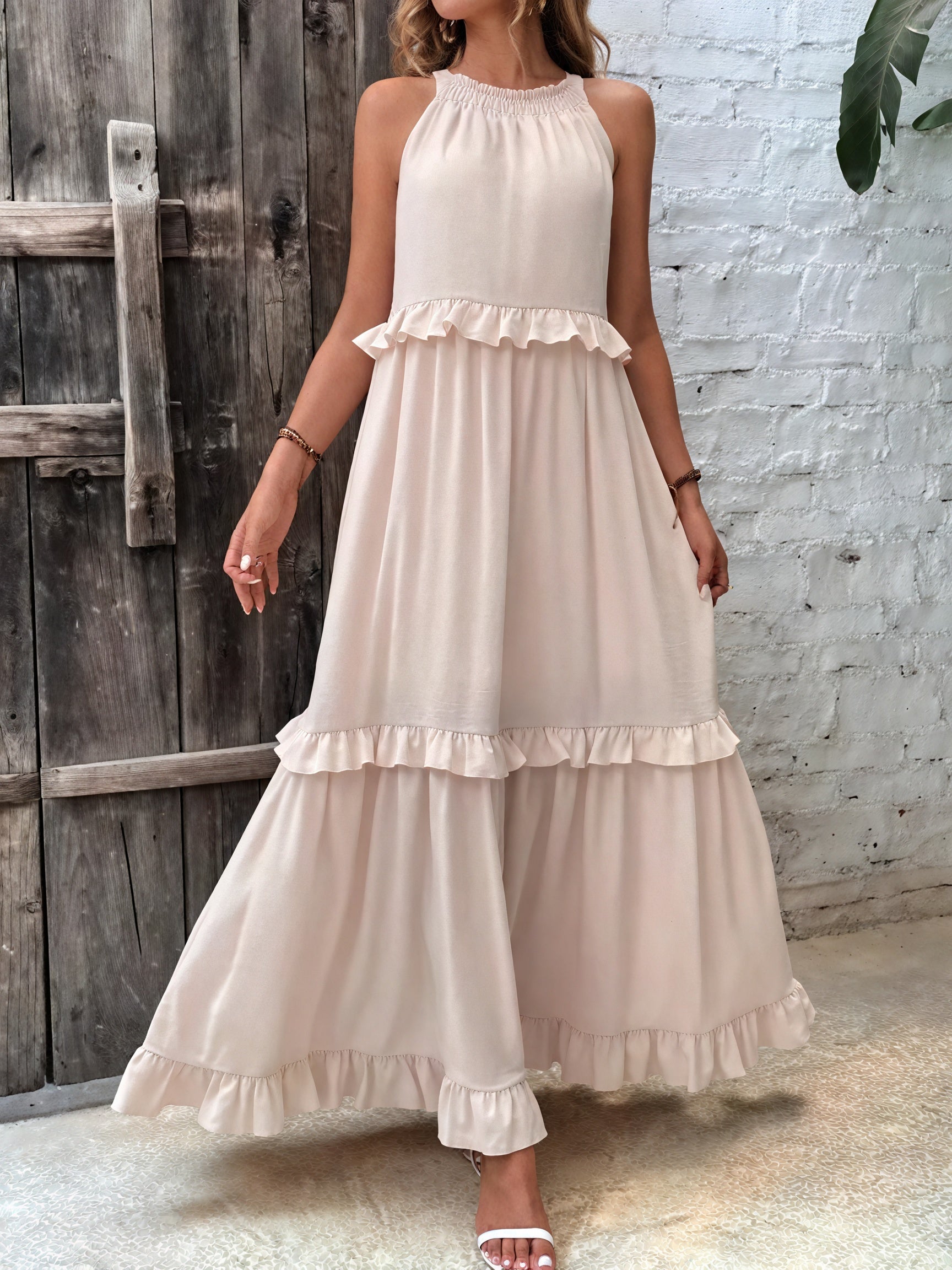 Maxikleid Damen Halter-Ausschnitt Fließendes Design Rüschen-Details Leicht Sommer Urlaub Elegant-81649-cb3fbac1-c843-4486-9962-45757a535870