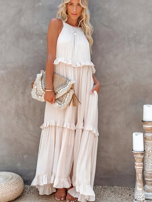 Maxikleid Damen Halter-Ausschnitt Fließendes Design Rüschen-Details Leicht Sommer Urlaub Elegant-81649-93b7cfae-a9b6-4602-ac0c-c7aa3d958d32