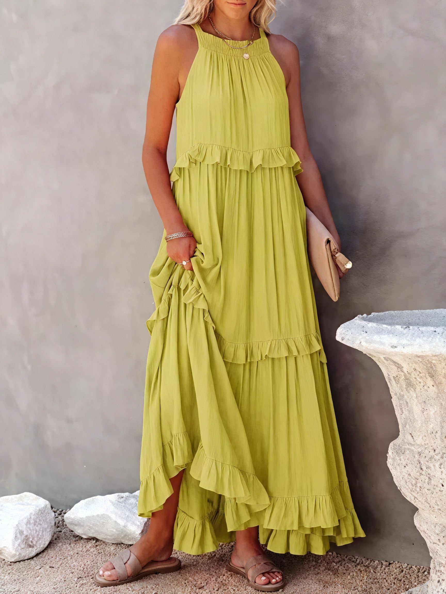 Maxikleid Damen Halter-Ausschnitt Fließendes Design Rüschen-Details Leicht Sommer Urlaub Elegant-81649-c6d2b639-199a-4b43-b468-9b267fe82573
