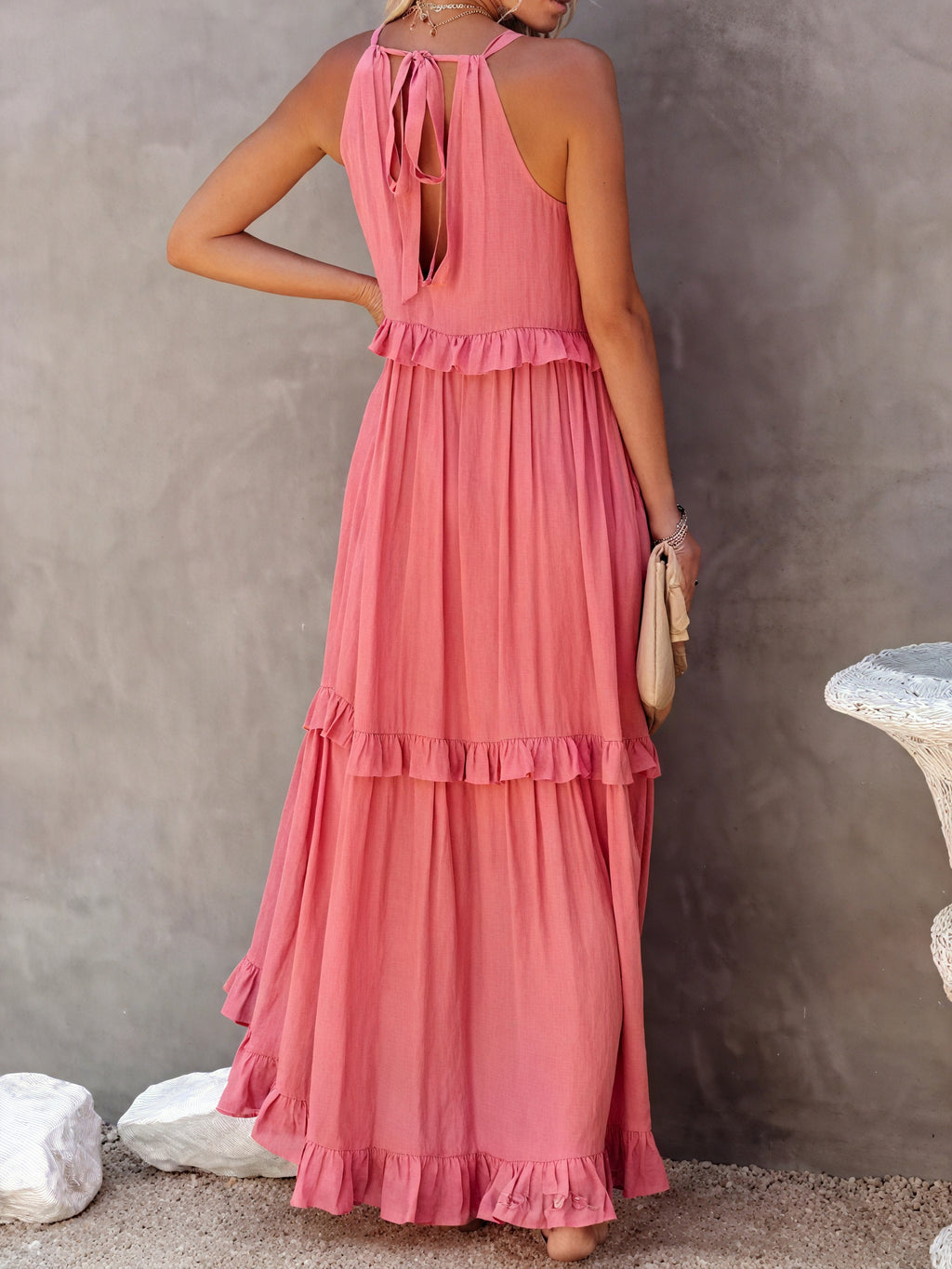 Maxikleid Damen Halter-Ausschnitt Fließendes Design Rüschen-Details Leicht Sommer Urlaub Elegant-81649-e6174730-1010-4688-b362-e0eb34b0613a