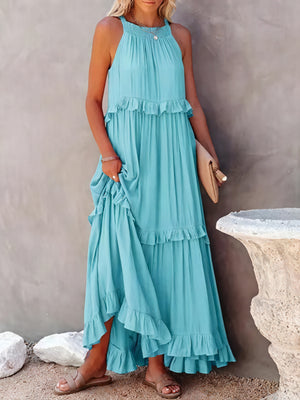 Maxikleid Damen Halter-Ausschnitt Fließendes Design Rüschen-Details Leicht Sommer Urlaub Elegant-81649-bd97371b-223f-4581-81df-40737e23d899