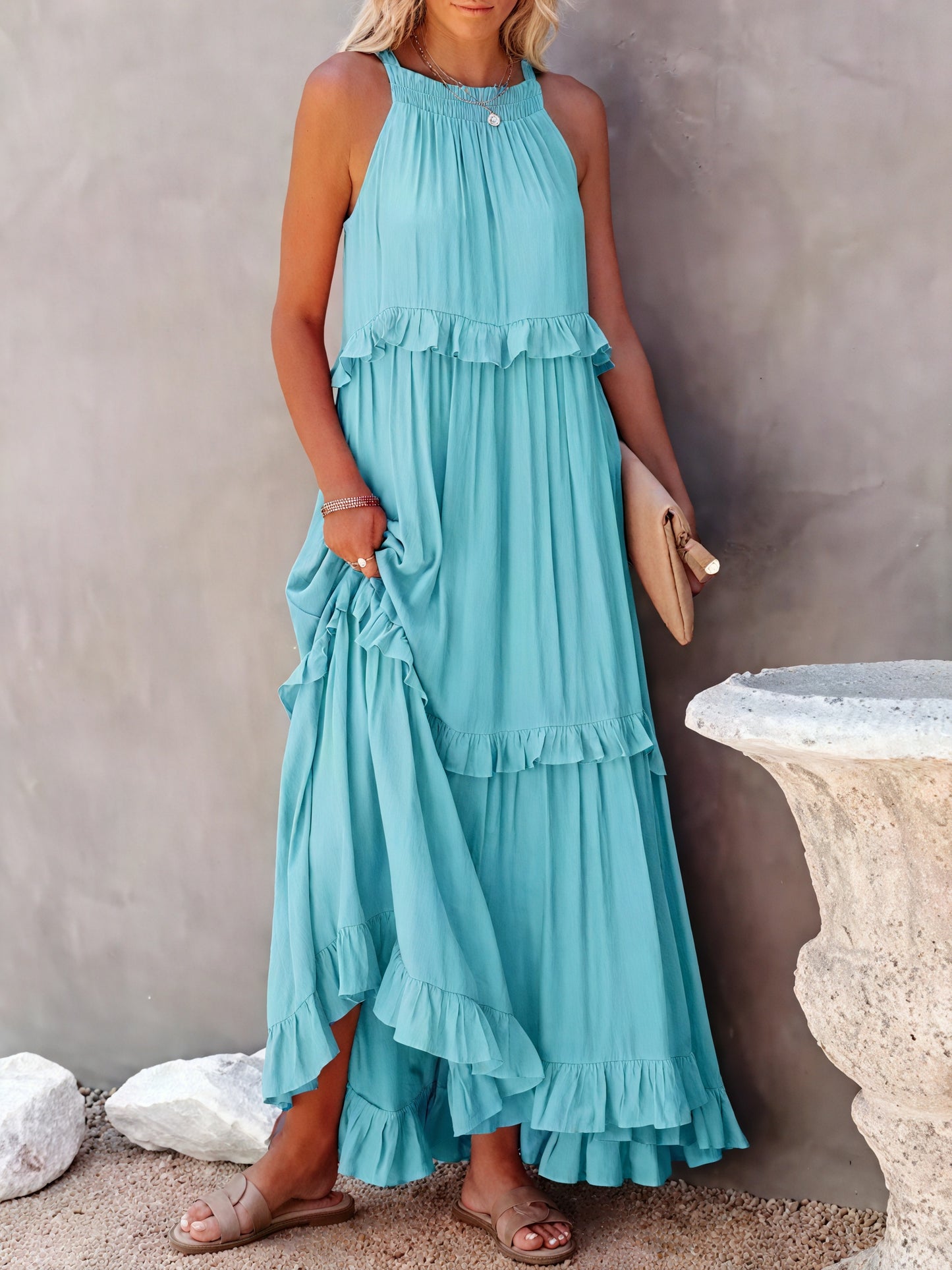 Maxikleid Damen Halter-Ausschnitt Fließendes Design Rüschen-Details Leicht Sommer Urlaub Elegant-81649-bd97371b-223f-4581-81df-40737e23d899