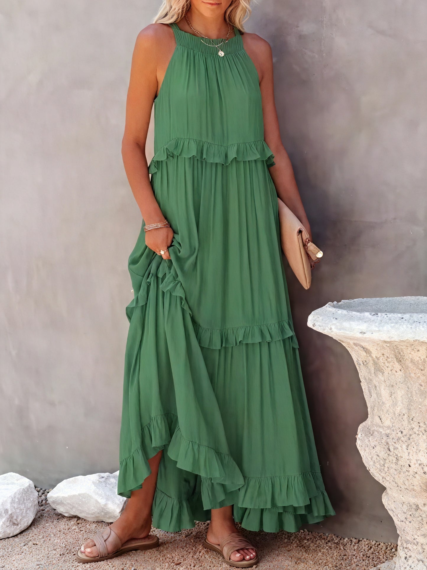 Maxikleid Damen Halter-Ausschnitt Fließendes Design Rüschen-Details Leicht Sommer Urlaub Elegant-81649-46db419d-4ec6-423a-afb5-bad208a3c7b7