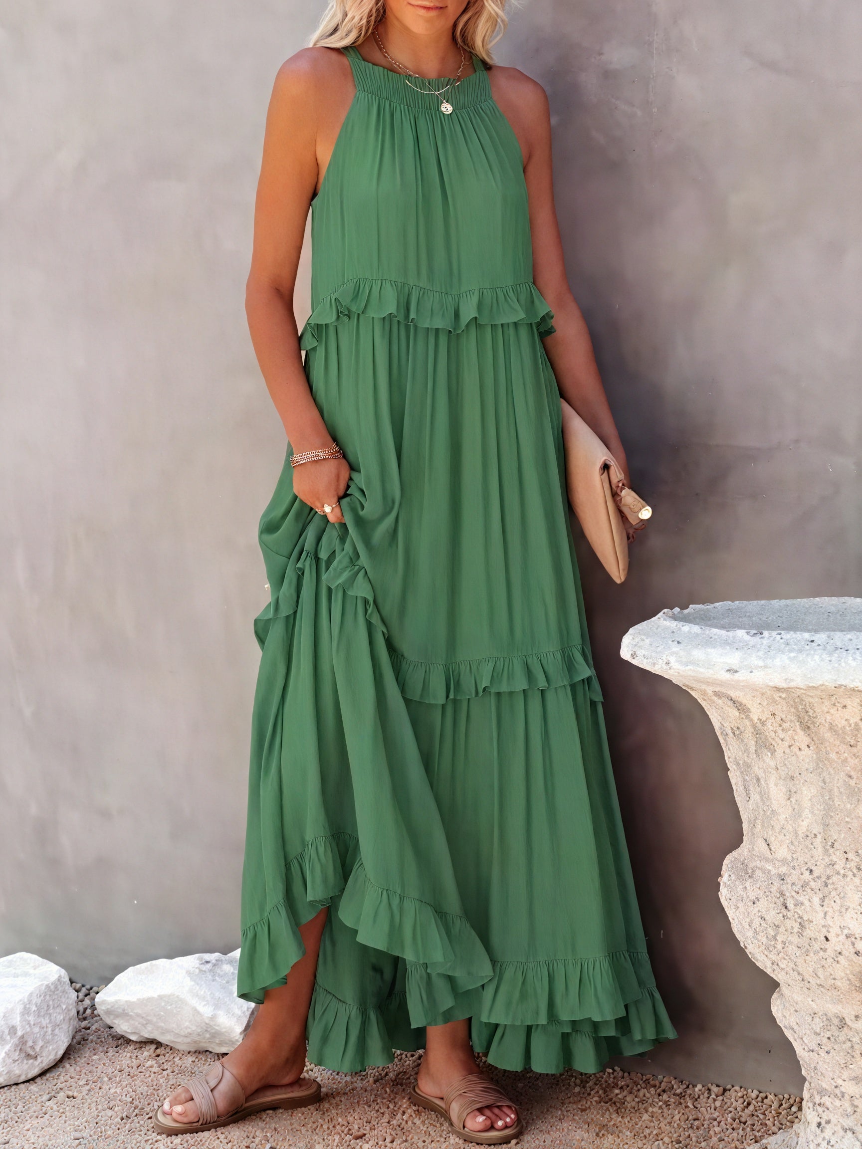 Maxikleid Damen Halter-Ausschnitt Fließendes Design Rüschen-Details Leicht Sommer Urlaub Elegant-81649-46db419d-4ec6-423a-afb5-bad208a3c7b7