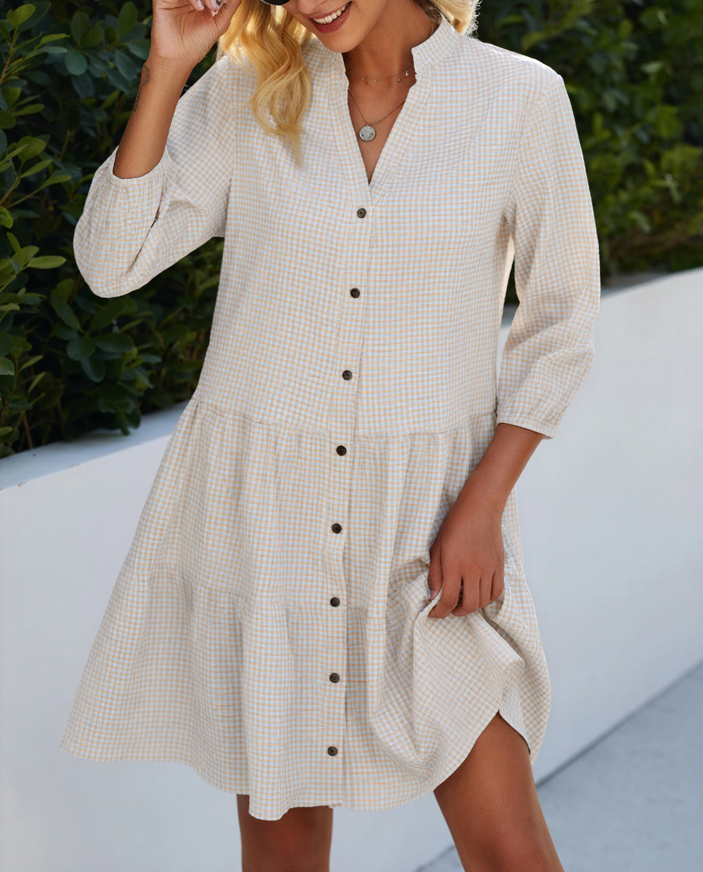 Gingham-Kleid Damen mit Knopfleiste, Dreiviertelärmeln & Stufenrock – Klassisch & Vielseitig-81722-661f4233-016d-4188-b976-0fc095d3d97b