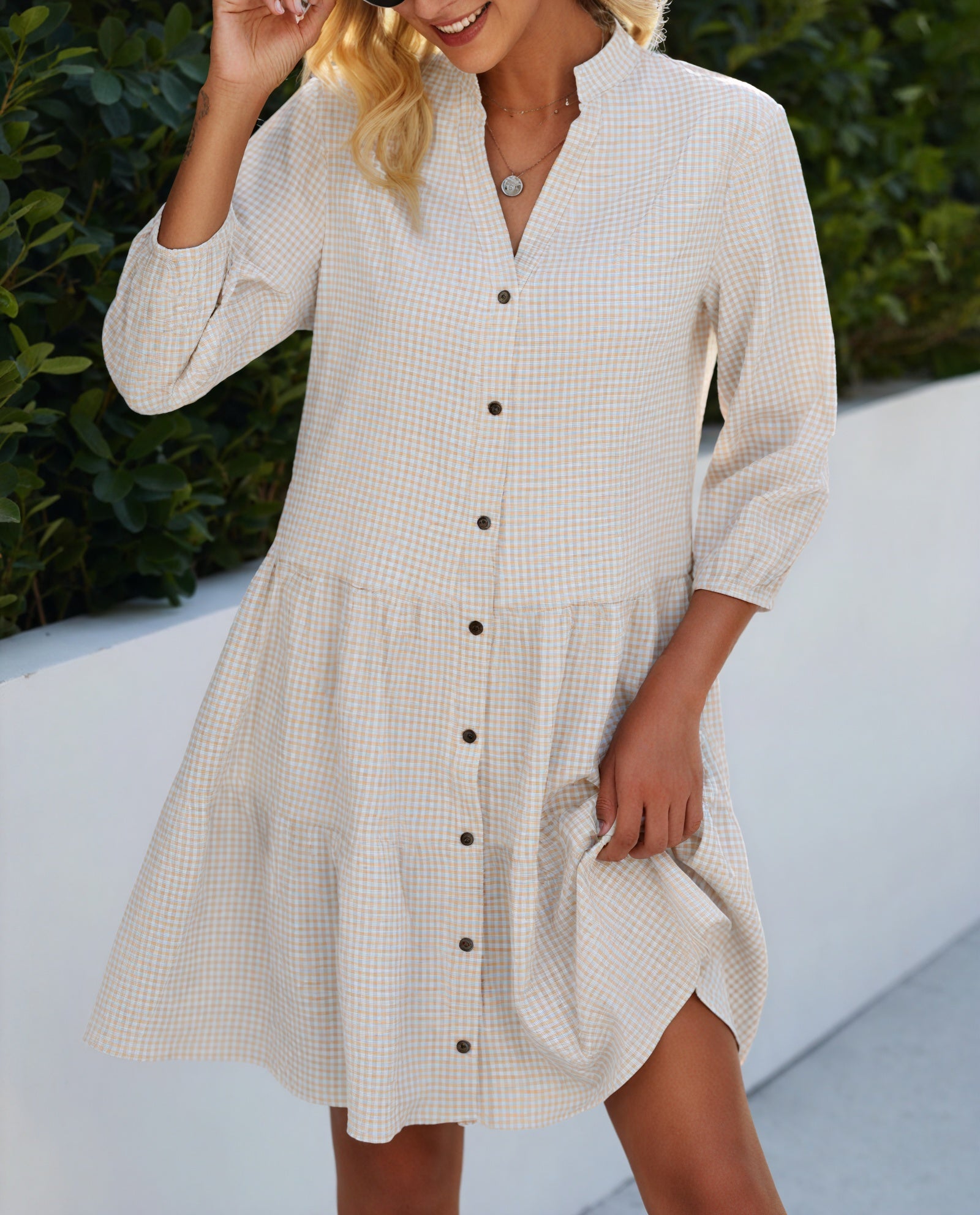 Gingham-Kleid Damen mit Knopfleiste, Dreiviertelärmeln & Stufenrock – Klassisch & Vielseitig-81722-661f4233-016d-4188-b976-0fc095d3d97b