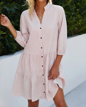 Gingham-Kleid Damen mit Knopfleiste, Dreiviertelärmeln & Stufenrock – Klassisch & Vielseitig-81722-746ff4dd-290d-49b7-88c0-526f9b546f02