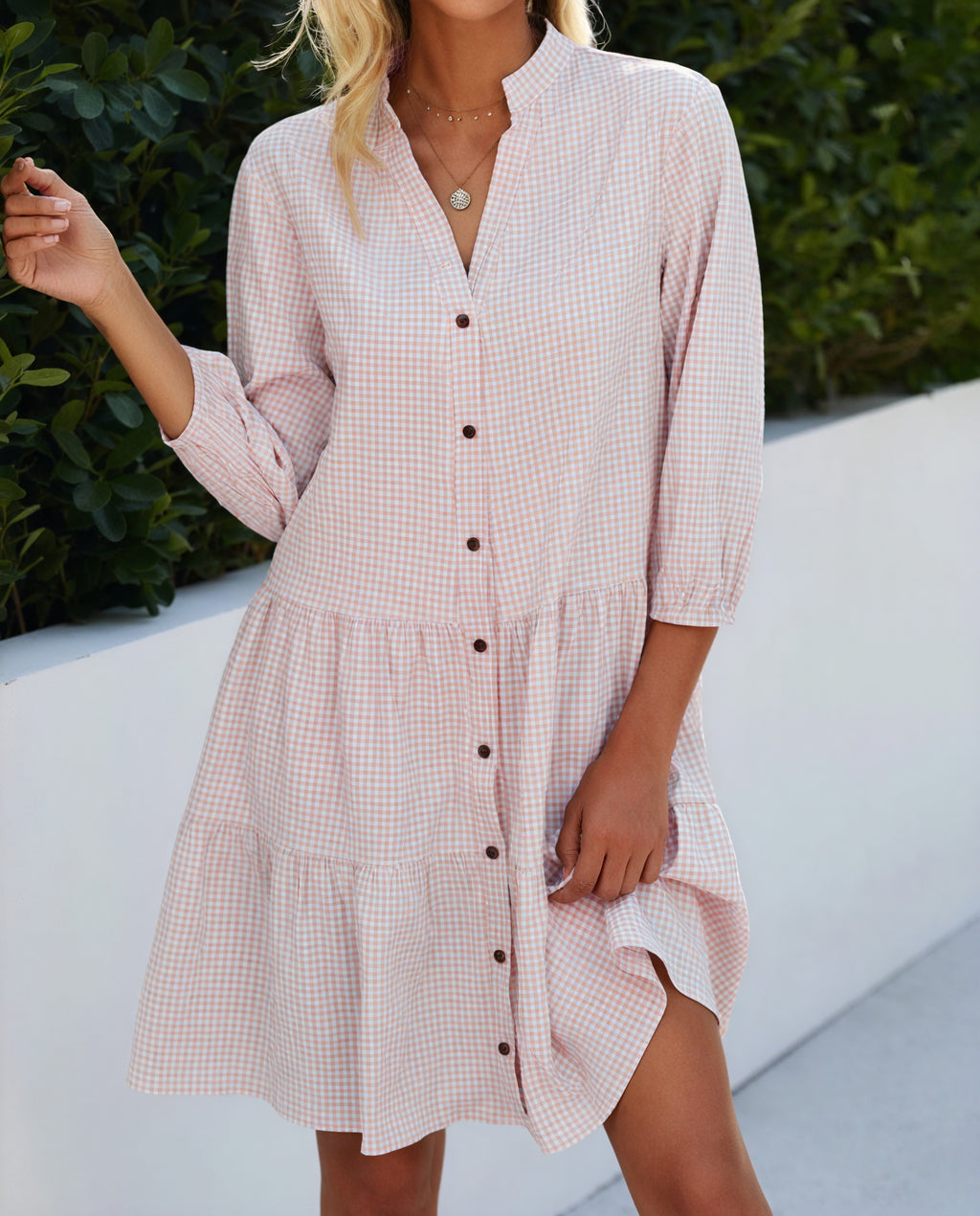 Gingham-Kleid Damen mit Knopfleiste, Dreiviertelärmeln & Stufenrock – Klassisch & Vielseitig-81722-746ff4dd-290d-49b7-88c0-526f9b546f02