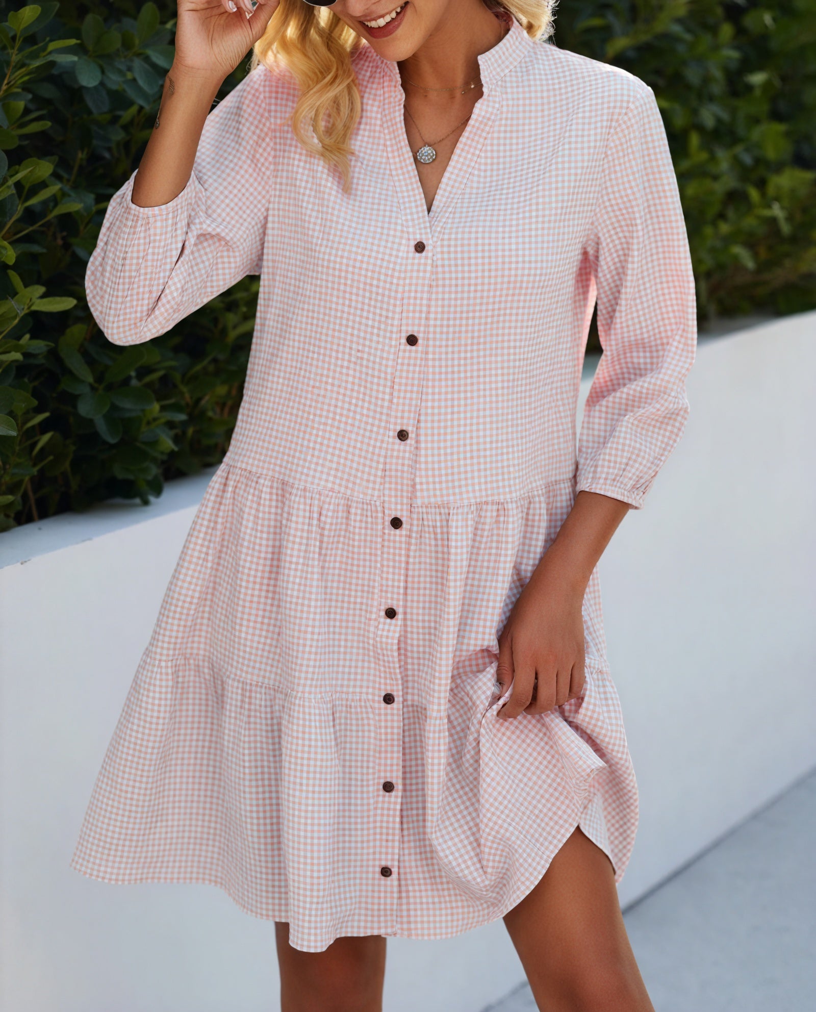 Gingham-Kleid Damen mit Knopfleiste, Dreiviertelärmeln & Stufenrock – Klassisch & Vielseitig-81722-d338c8e3-5ae4-496a-a079-c7b198efa29f