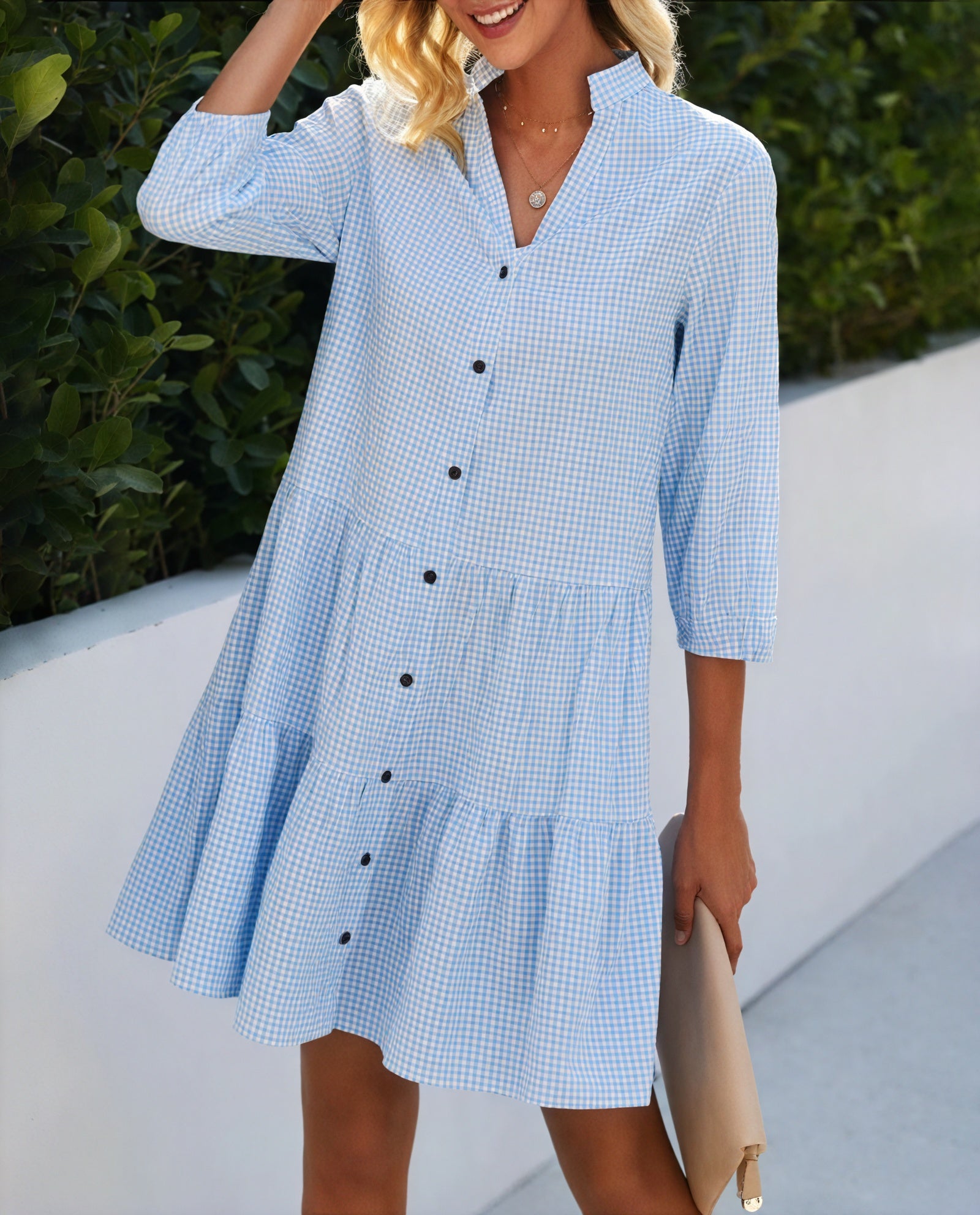 Gingham-Kleid Damen mit Knopfleiste, Dreiviertelärmeln & Stufenrock – Klassisch & Vielseitig-81722-65524a53-a13a-40a8-b85b-263e1953edd2