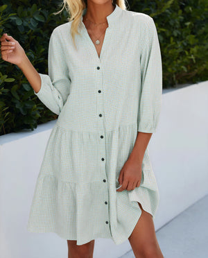 Gingham-Kleid Damen mit Knopfleiste, Dreiviertelärmeln & Stufenrock – Klassisch & Vielseitig-81722-c6b69fdd-d066-40ac-92f2-43ad8d7b4323