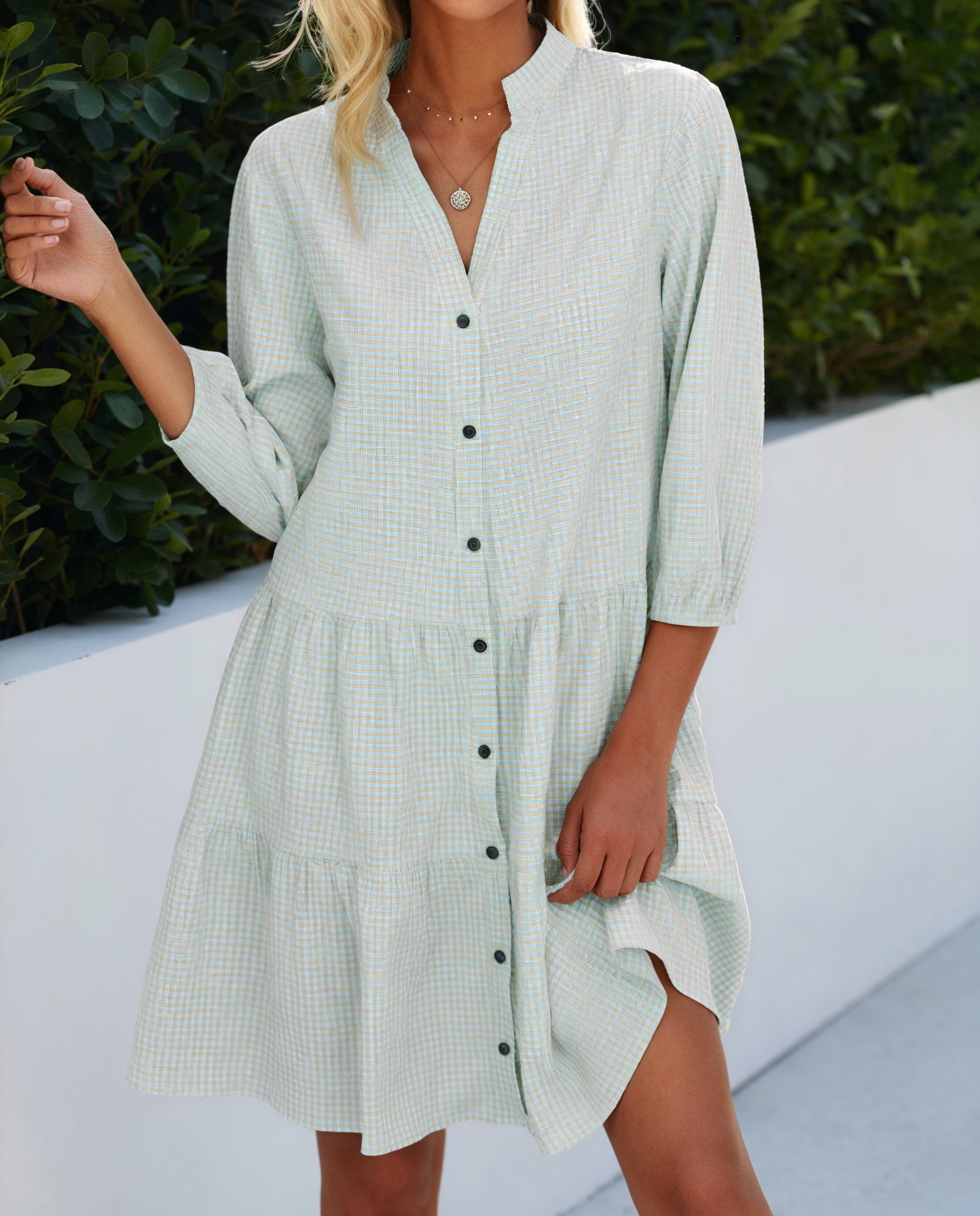 Gingham-Kleid Damen mit Knopfleiste, Dreiviertelärmeln & Stufenrock – Klassisch & Vielseitig-81722-c6b69fdd-d066-40ac-92f2-43ad8d7b4323