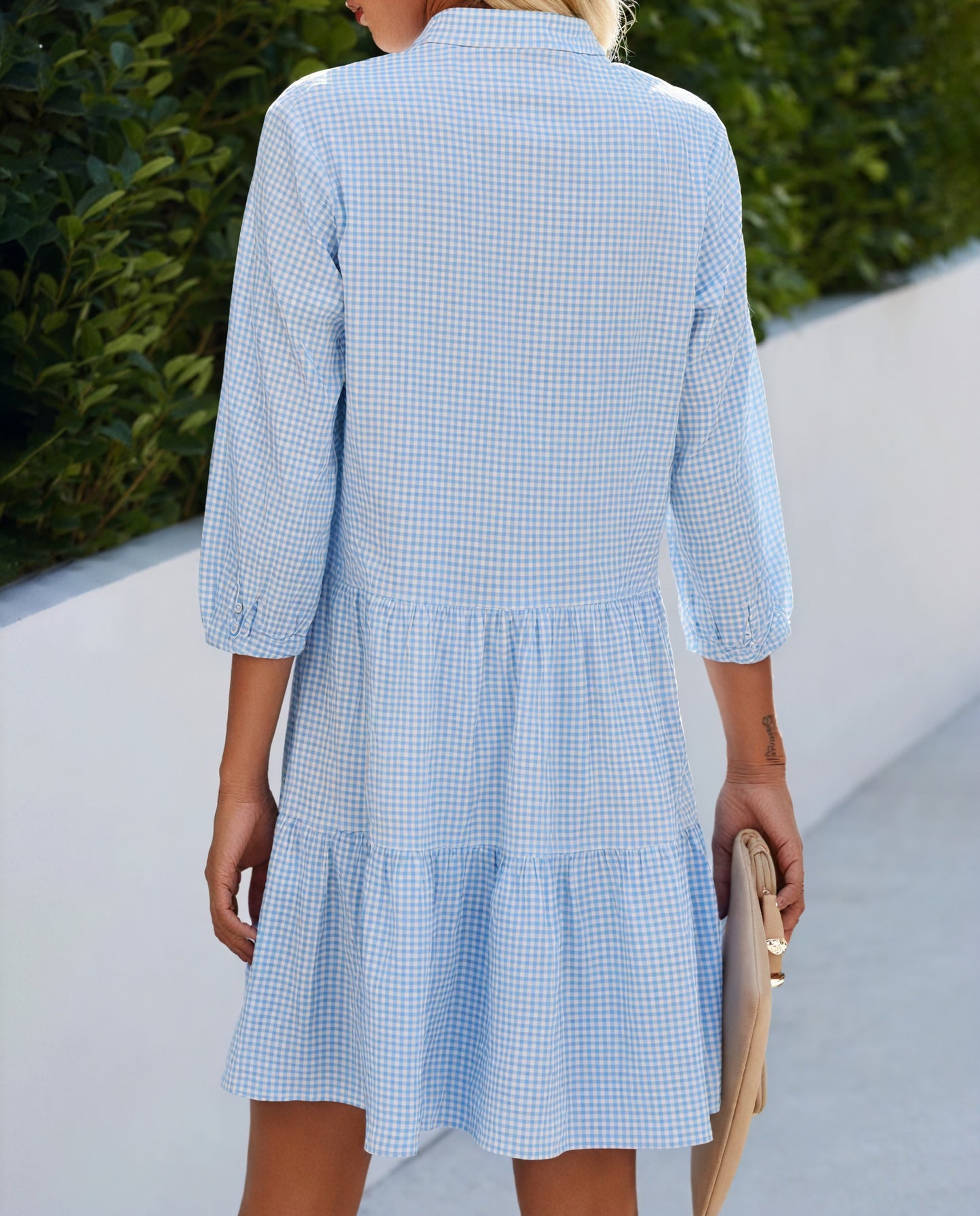 Gingham-Kleid Damen mit Knopfleiste, Dreiviertelärmeln & Stufenrock – Klassisch & Vielseitig-81722-08b65a98-2e90-415c-9d1f-2c0306aa6a2d