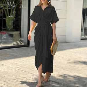 Damen Blusenkleid mit Bindegürtel – Kragen, Asymmetrischer Saum, Kurzarm-82303-691a482a-372f-4759-a1f7-94e7f8a6dc6d