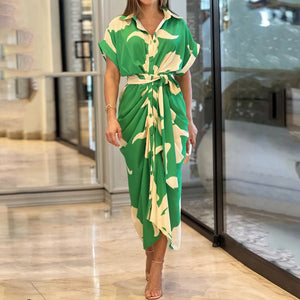 Damen Blusenkleid mit Bindegürtel – Kragen, Asymmetrischer Saum, Kurzarm-82303-d428196e-505b-4827-9fdb-da0c28163ed1