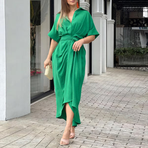 Damen Blusenkleid mit Bindegürtel – Kragen, Asymmetrischer Saum, Kurzarm-82303-3311a392-d167-4596-a3af-8fd04daf1e30