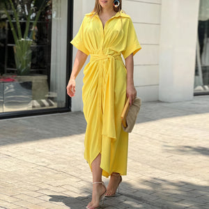 Damen Blusenkleid mit Bindegürtel – Kragen, Asymmetrischer Saum, Kurzarm-82303-fff04c0a-4053-4e4b-b9e7-7aaea7000c15