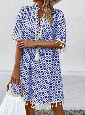 Damen Sommerkleid – Kurzarm Blau-Weiß, Geometermuster, Quasten, Leicht-82531-dc123c0b-a995-4fee-9251-2bef717b12a1