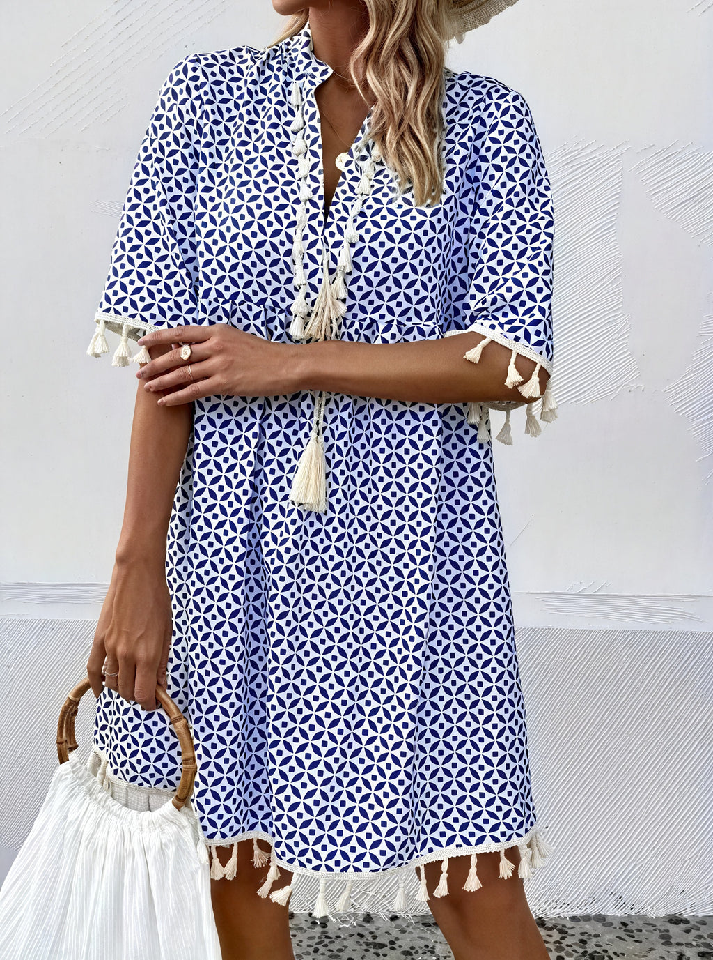 Damen Sommerkleid – Kurzarm Blau-Weiß, Geometermuster, Quasten, Leicht-82531-dc123c0b-a995-4fee-9251-2bef717b12a1