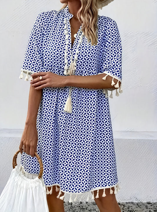Damen Sommerkleid – Kurzarm Blau-Weiß, Geometermuster, Quasten, Leicht-82531-dc123c0b-a995-4fee-9251-2bef717b12a1