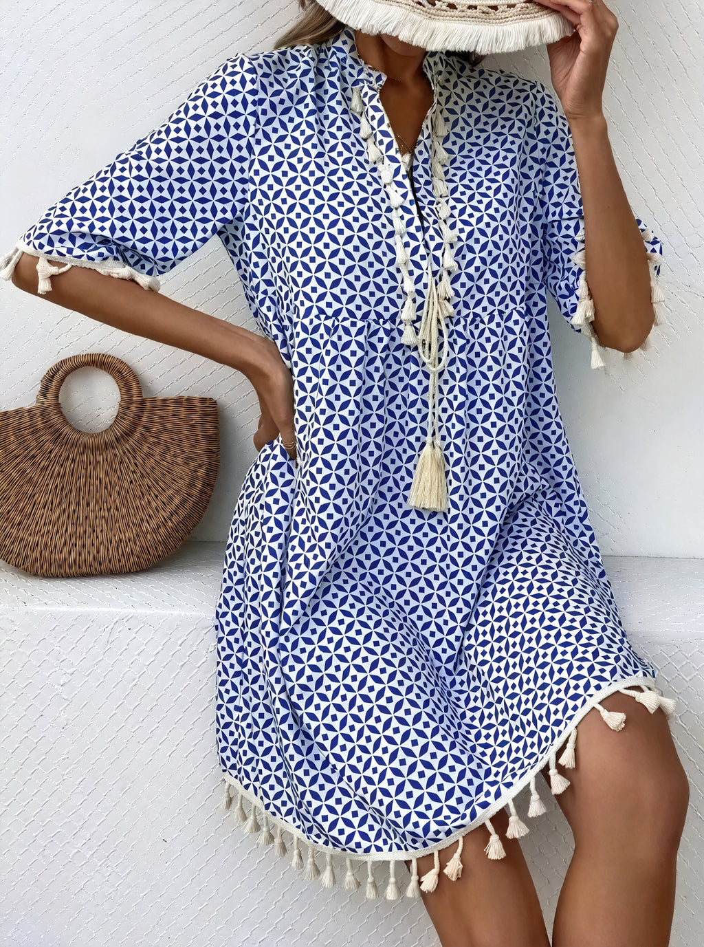 Damen Sommerkleid – Kurzarm Blau-Weiß, Geometermuster, Quasten, Leicht-82531-9b2d16bb-890c-4664-806d-4f264a4f0b89