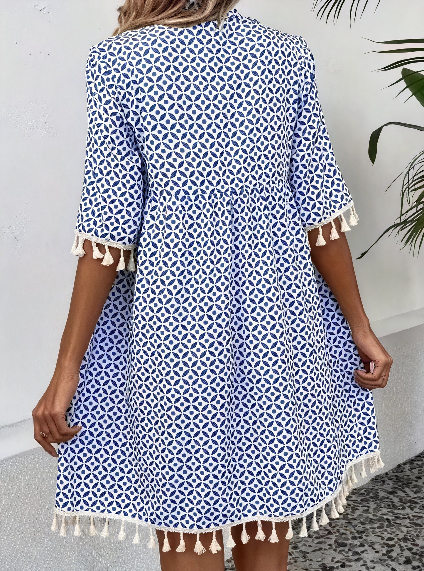 Damen Sommerkleid – Kurzarm Blau-Weiß, Geometermuster, Quasten, Leicht-82531-f6283457-38c9-4fa5-b8d4-ff2536c1491a