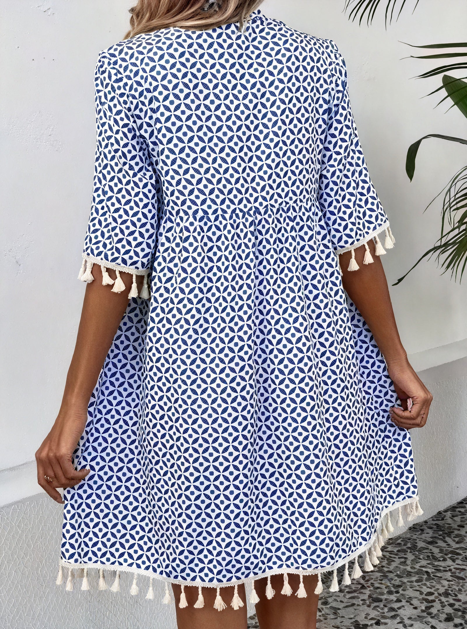Damen Sommerkleid – Kurzarm Blau-Weiß, Geometermuster, Quasten, Leicht-82531-f6283457-38c9-4fa5-b8d4-ff2536c1491a