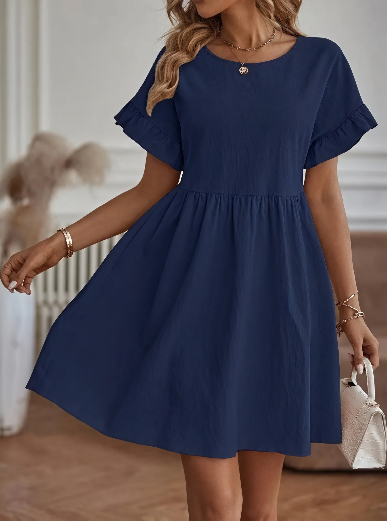 Damen Kleid – A-Linie, Rüschenärmel, Tailliert, Casual Stil-82588-68ca1c86-54c3-4ed3-95e8-c68a97bed729