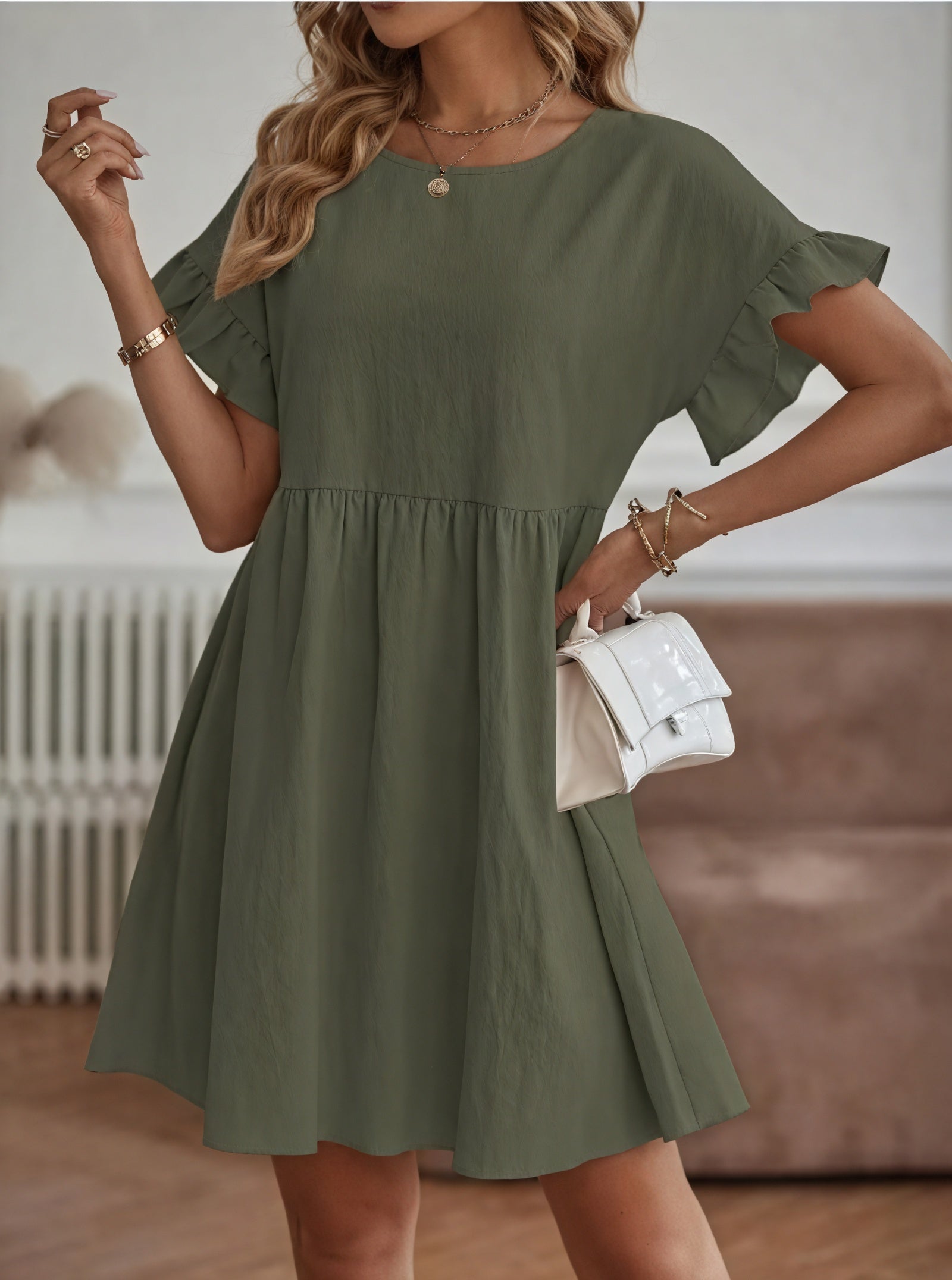 Damen Kleid – A-Linie, Rüschenärmel, Tailliert, Casual Stil-82588-657b3a81-b481-4bbe-96ff-45c0200e88db