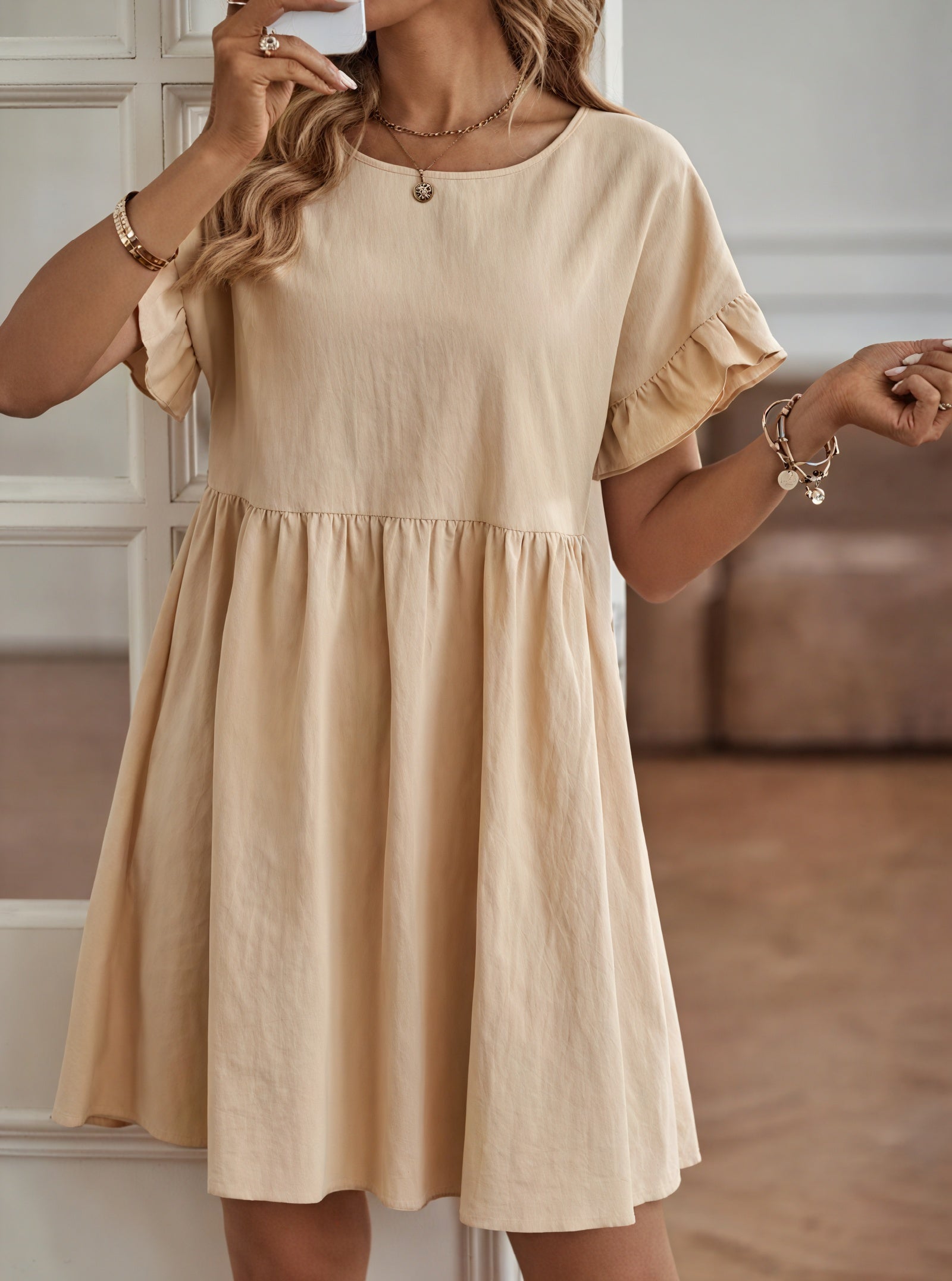 Damen Kleid – A-Linie, Rüschenärmel, Tailliert, Casual Stil-82588-04e874b0-3b16-4c7d-b8c2-bba915c3dfa5