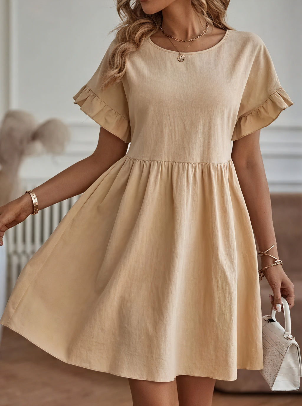 Damen Kleid – A-Linie, Rüschenärmel, Tailliert, Casual Stil-82588-01110920-9c12-493d-b324-a35125b0d62b