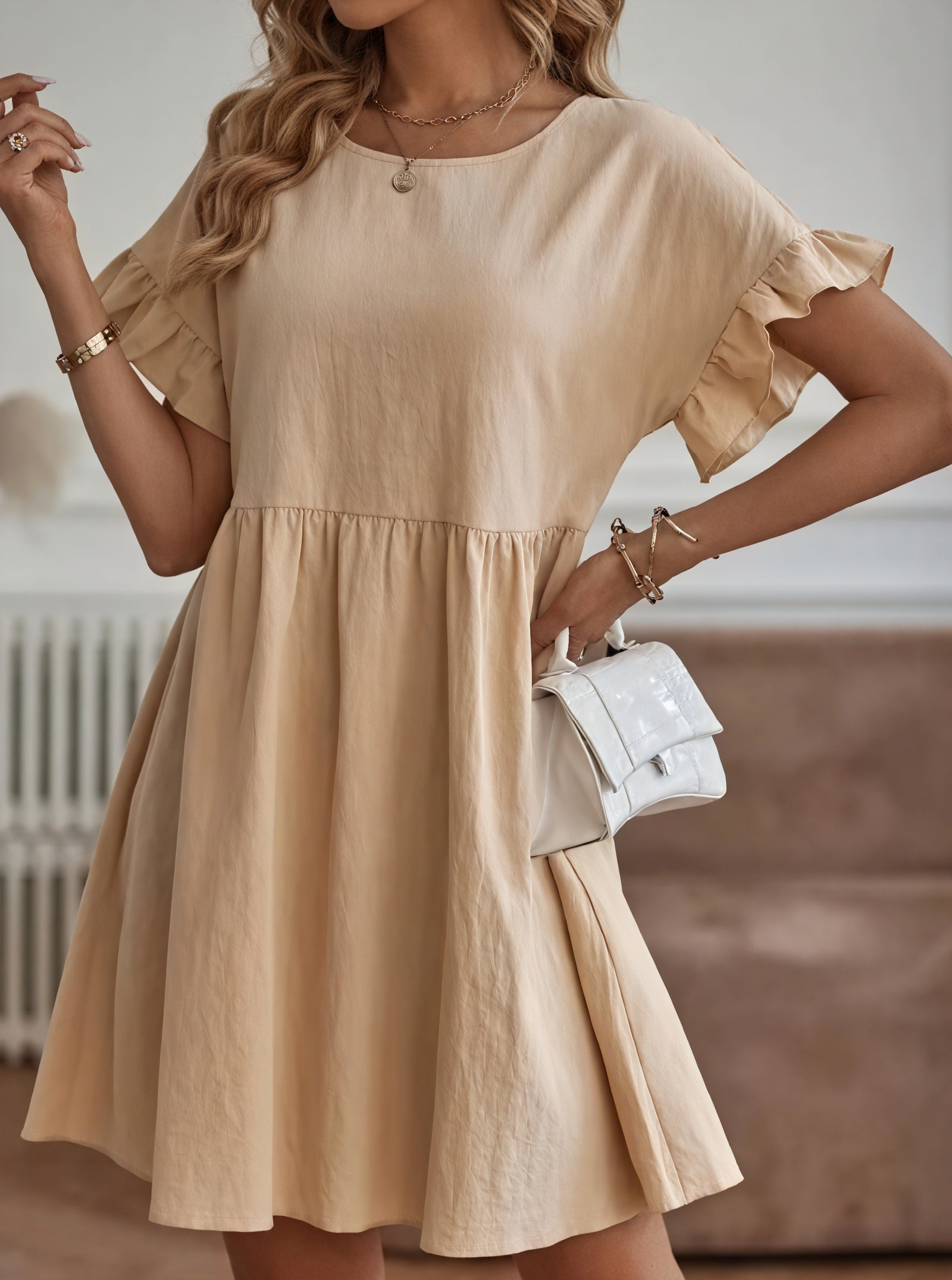 Damen Kleid – A-Linie, Rüschenärmel, Tailliert, Casual Stil-82588-435fa651-56d4-410f-a85d-89c65b88e8c1