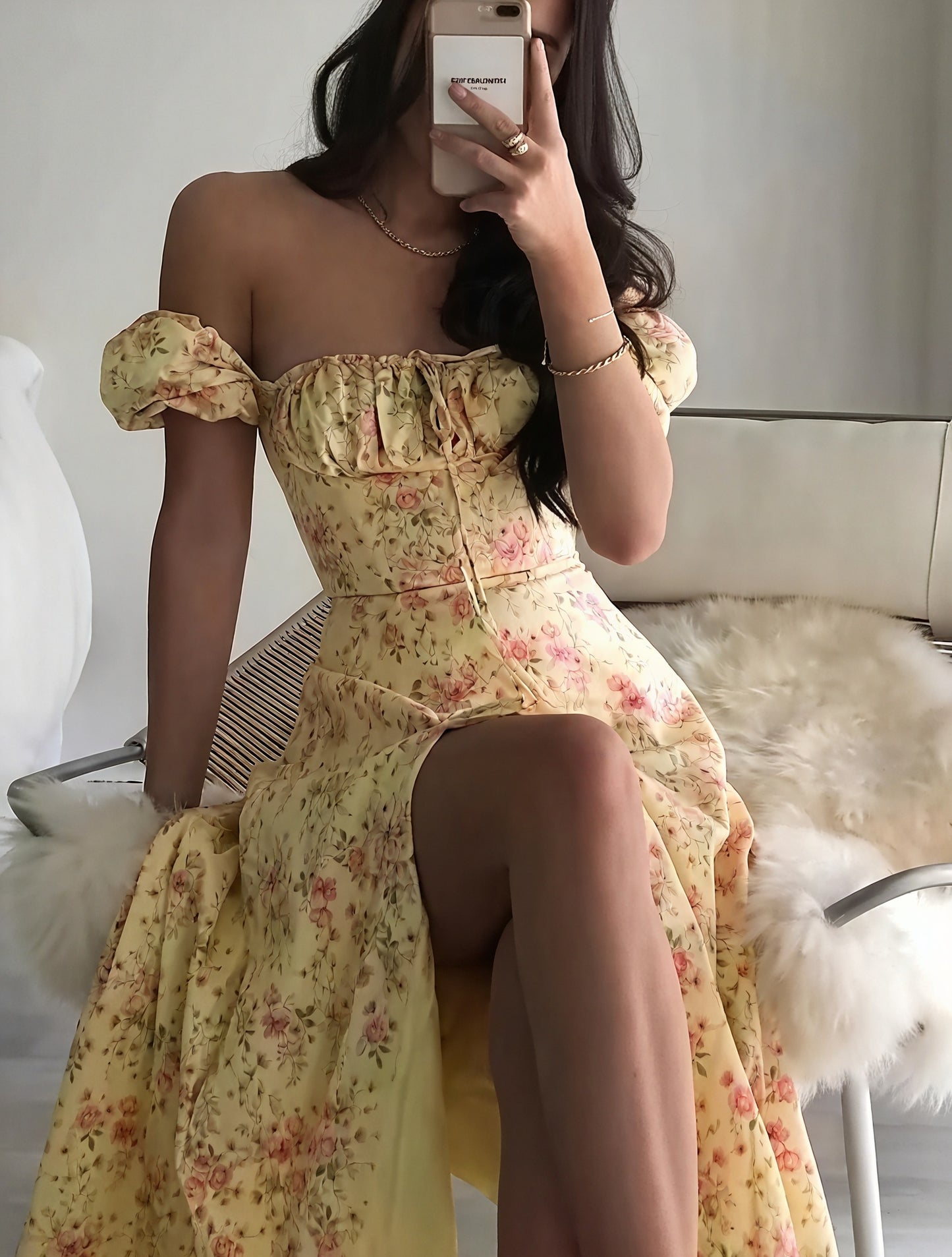 Geblümtes Maxikleid Eckiger Ausschnitt Puffärmel Hoher Schlitz Romantischer Sommerlook-82654-20c49eb6-f973-4fa7-99fe-8dd297965023