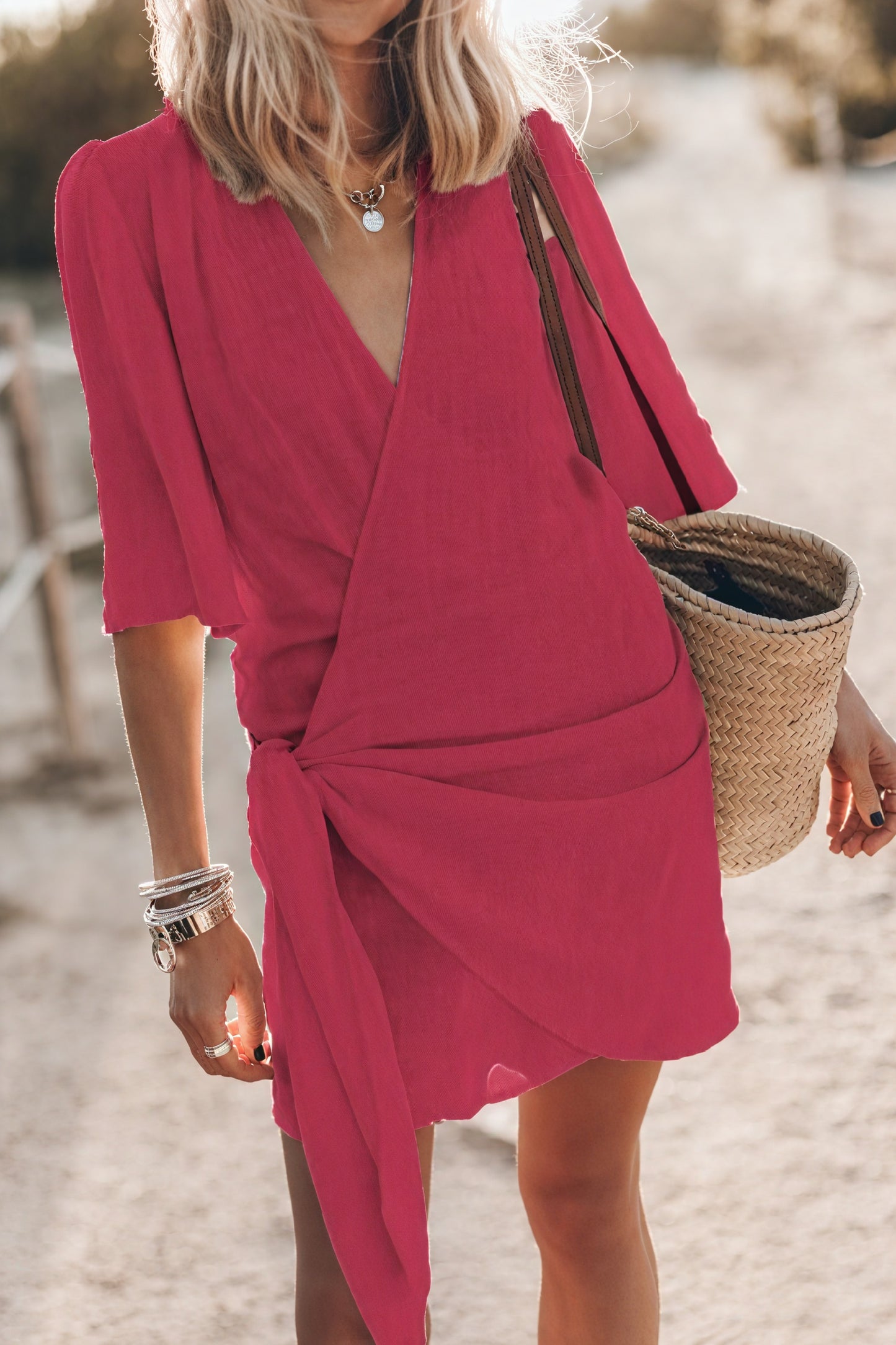Damen Wickelkleid – Leichter Leinen-Mix, V-Ausschnitt, Kimono-Ärmel, Kurz-82990-fe95d66a-5d8f-4ff2-af6b-1f820d365f60