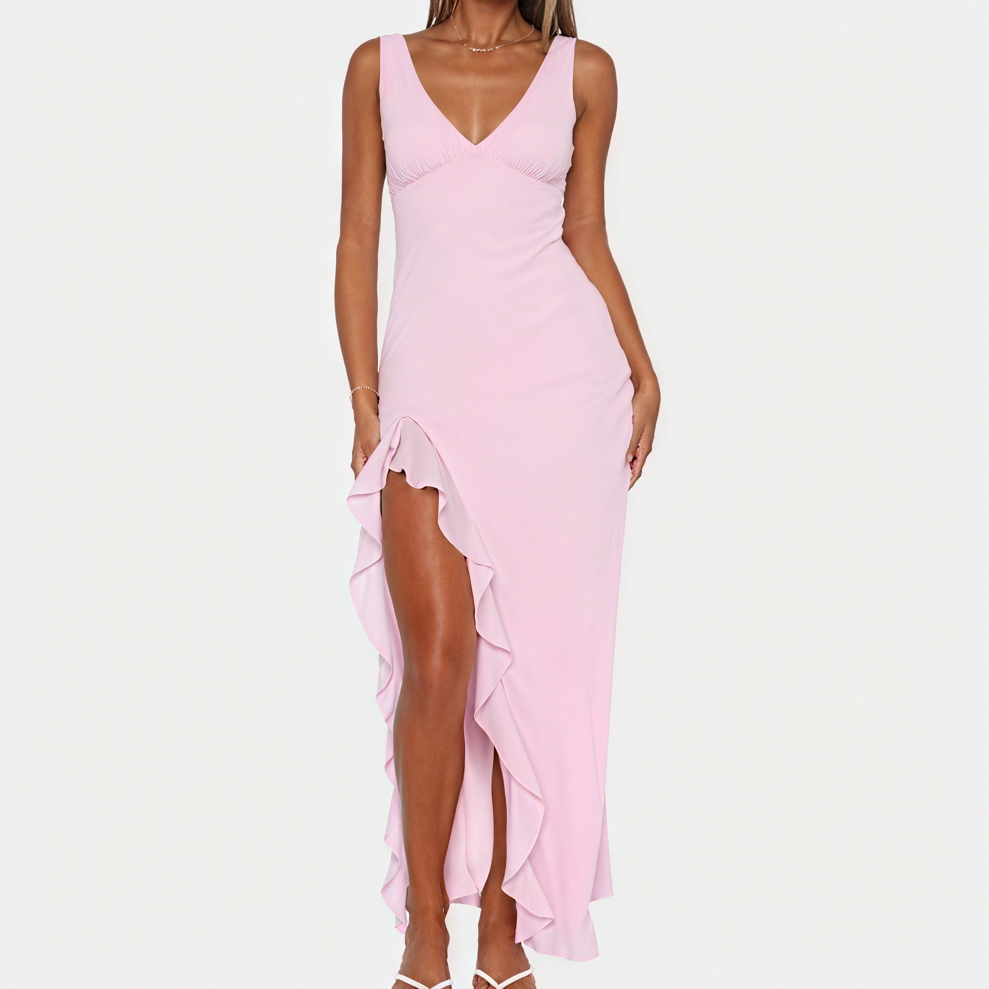Paige | Elegant Sleeveless V-Neck Maxi Dress with Asymmetrical Slit - Image 4