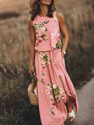 Ärmelloses Maxi-Kleid mit Muster, Seitenschlitz & Taschen