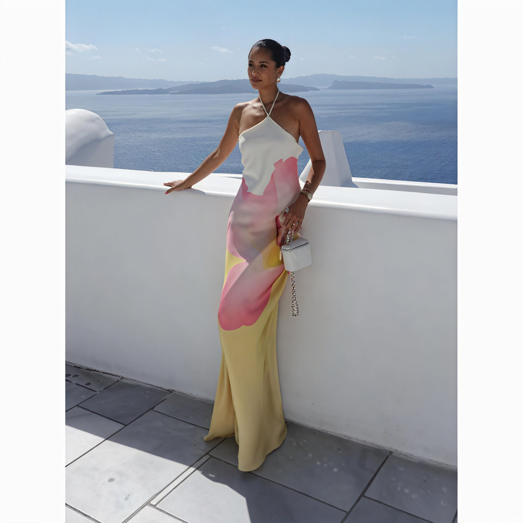 Damen Maxi-Kleid – One-Shoulder, Neckholder, Ärmellos, Bedruckt-83229-997b5f3a-b6a6-456e-adbf-580426701315