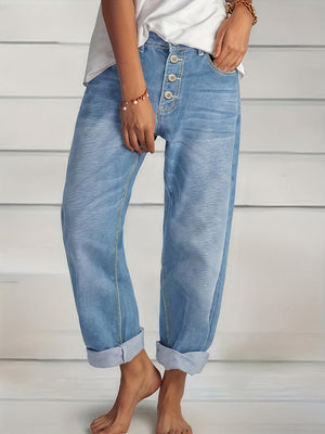Damen Loose Fit Jeans – Hellblauer Denim, Knopfleiste, Umschlag, Lässig-83359-b5b290b7-77f6-44b3-9373-59cee133f370